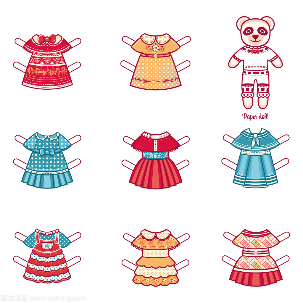 與一組時尚服裝的紙娃娃。白色背景上的矢量圖